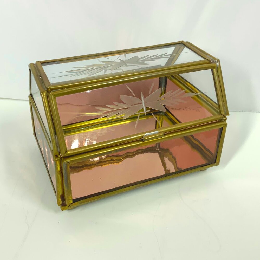 Midcentury Glass & Brass Jewelry Trinket Box Hinged Treasure Chest Lid Footed